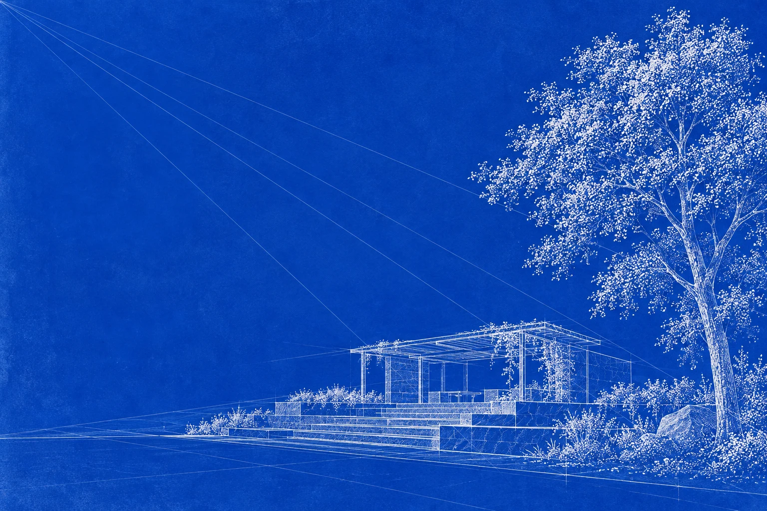 White technical linework of a tree and a terraced pavilion drawn on cobalt blueprint paper.