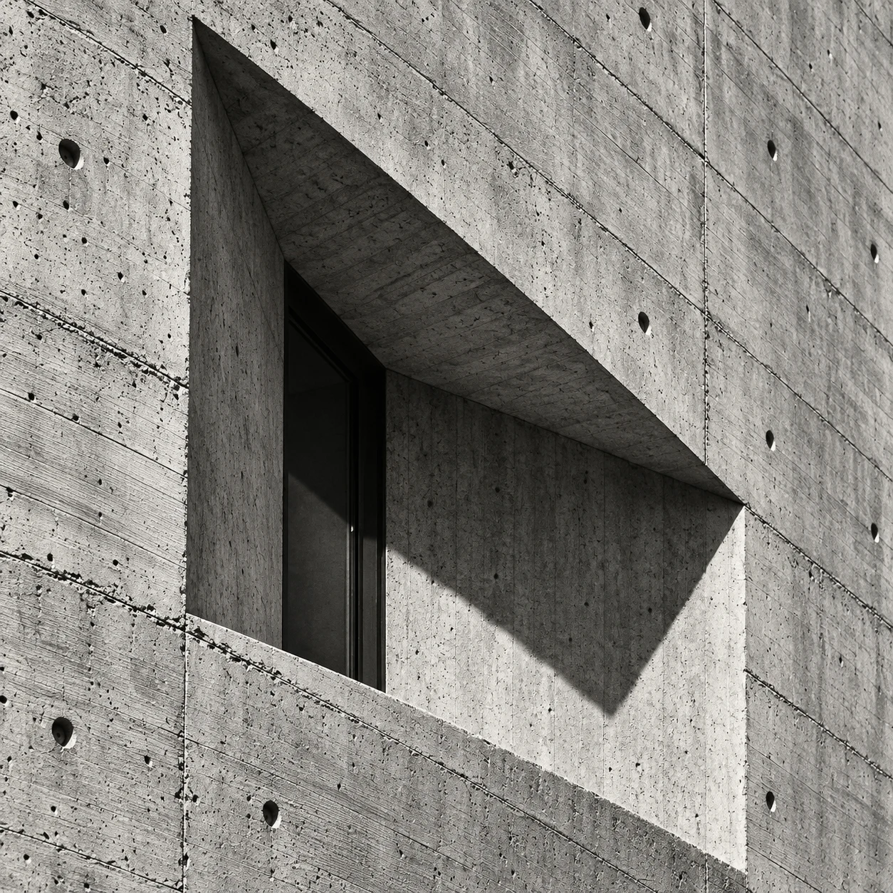Close-up of a raw concrete facade with a deep triangular window recess.