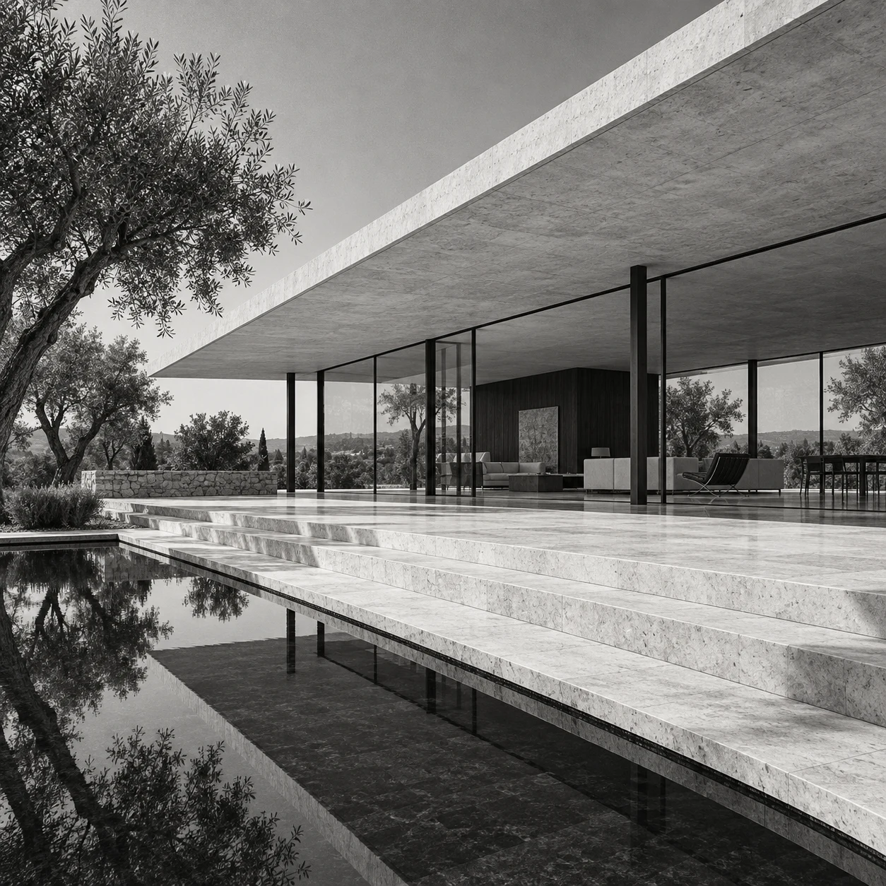 A minimalist glass pavilion with slender black columns beside a still reflecting pool and stone terraces.