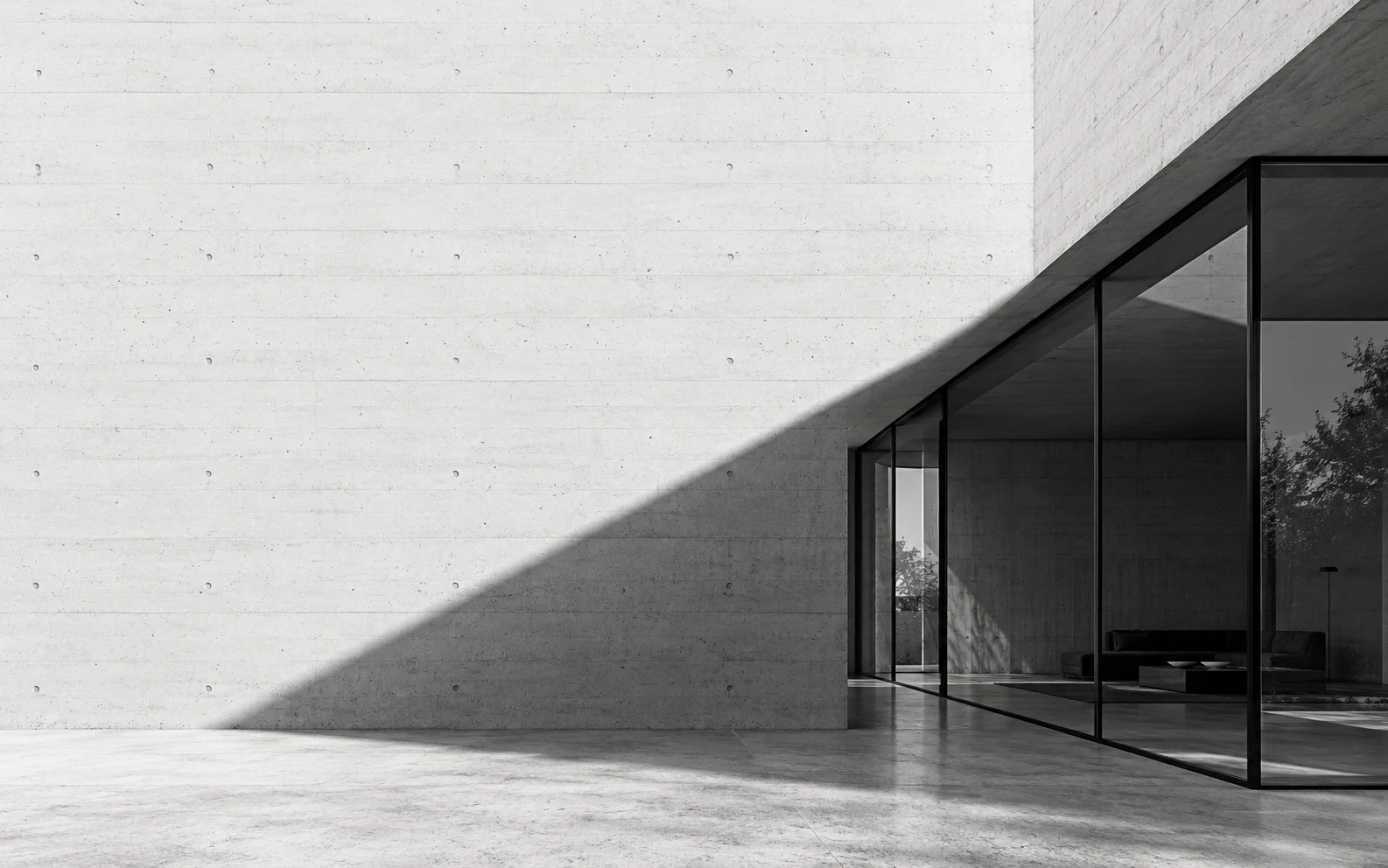 Foundation startup template preview: a white concrete wall with a glass corner opening.